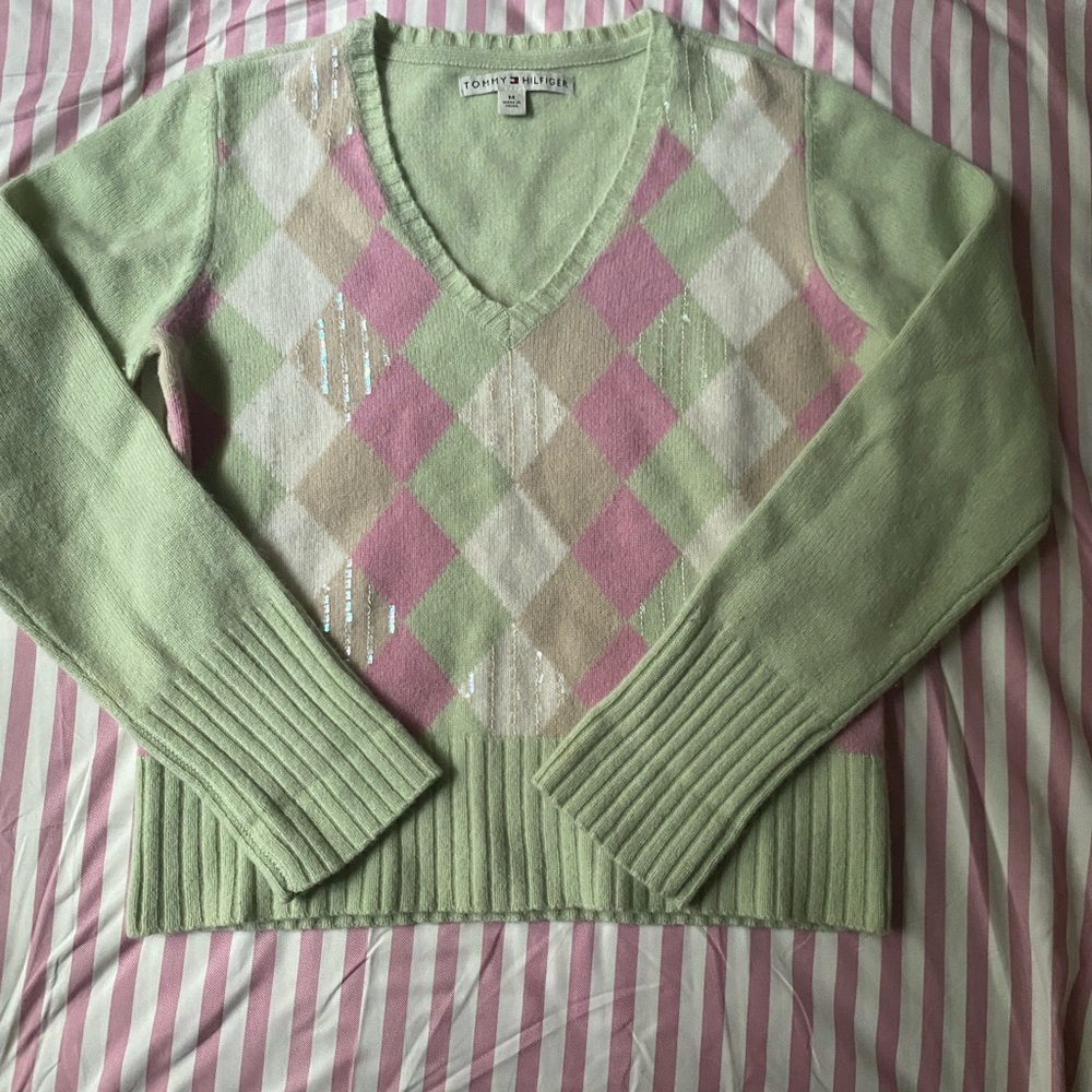 Tommy Hilfiger Green and Pink Argyle Sweater